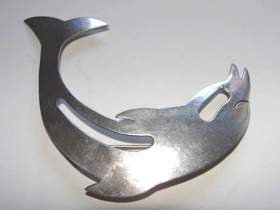 Dolphin Sterling Brooch Pin Large Signed Openwork… - image 2