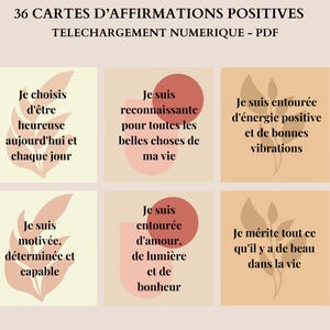 36 printable positive affirmation cards in French, self-confidence, personal development, positive thoughts, vision board