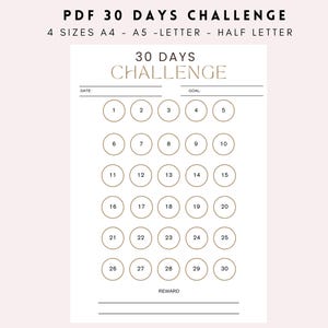 PDF de planificación del desafío de 30 días: hoja de motivación y objetivos diarios, desafío de 30 días, resoluciones de 30 días, A4, A5