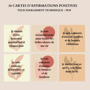以下が含まれることがあります： フランス語で書かれた36枚のポジティブアファメーションカードのデジタルダウンロード。各カードには、植物のイラストが描かれたソフトなカラーパレットで、ユニークなアファメーションが記載されています。カードは、ポジティブさと自己愛を促進するように設計されています。