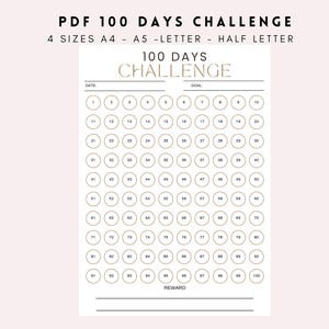 PDF de planificación del desafío de 100 días: hoja de motivación y objetivos diarios, desafío de 100 días, resoluciones de 100 días, A4, A5