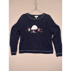 May include: A navy blue long-sleeve sweater featuring an embroidered winter scene with three penguins, a white igloo, and scattered white dots. The crew neckline and hem are accented with a white and navy blue twisted rope-style trim pattern.