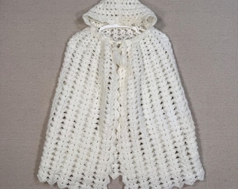 Vintage Handmade Crochet Hooded Capelet Cream Shell Stitch Tassel Tie Kids