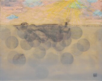 Staying Afloat in the Days to Come, Art Print,  Fables of the North Shore, Encaustic Print, The Swimmer Fable, 8x10