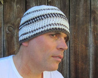 men's hemp beanie, espresso cream crochet hat, made to order