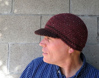 men's visor beanie, garnet tweed wool winter hat, crochet brimmed hat, made to order