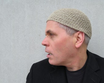 men&#39;s hemp kufi: khaki beige crochet cap, extra short beanie