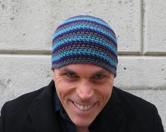 men's summer beanie, plum blue stripe skull cap, crochet cotton linen hat