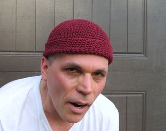 men&#39;s docker cap, deep burgundy cotton dock beanie, crochet watch hat