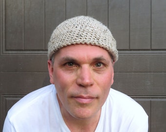 men's wool docker hat, khaki beige tweed beanie, crochet watch cap