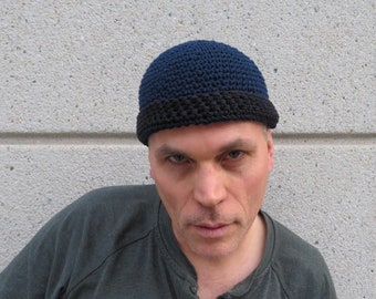 men's cotton docker cap, deep navy blue black brim beanie, crochet watch cap