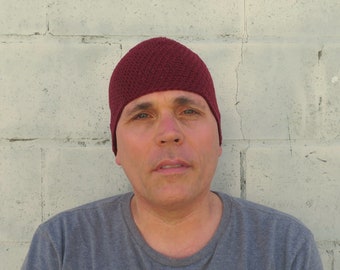 men's summer beanie, deep burgundy cotton linen hat, crochet lightweight skull cap