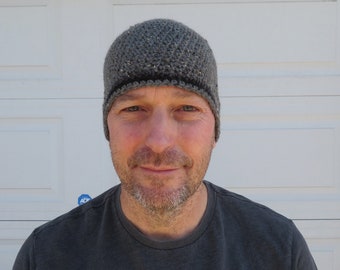 men's wool hemp beanie, heather gray tweed crochet winter hat