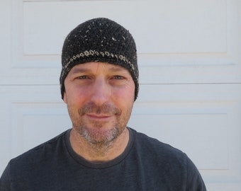 men's wool hemp beanie, charcoal tweed winter hat, crochet skull cap