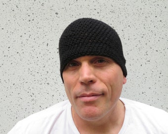 men's merino wool beanie, simply black crochet winter hat