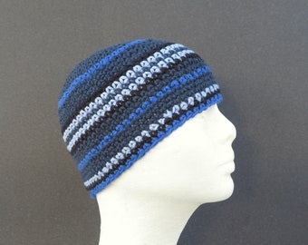 men's cotton kufi, denim blue stripe crochet skull cap