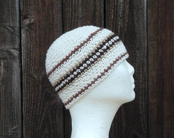 men's cotton kufi, cocoa cream crochet skullcap, off white short beanie