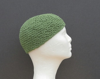 men's cotton kufi, sage green crochet beanie, short skull cap