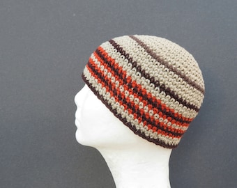 men's cotton kufi, khaki beige stripe cap, crochet short beanie