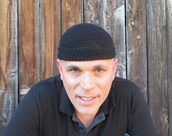summer docker hat: simply black cotton linen beanie, hand crocheted watch cap