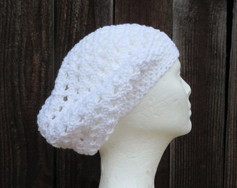 cotton kundalini hat, pure white crochet slouchy, women's summer beret