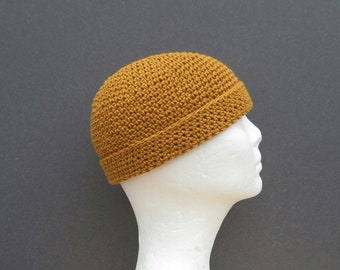 summer docker cap, yellow ochre cotton linen beanie, crochet watch cap