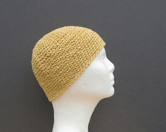men's hemp kufi, yellow ochre crochet skull cap, short beanie