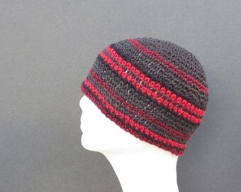 men's hemp kufi, charcoal gray red stripe hemp hat, crochet short beanie