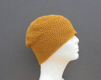 men's summer beanie, yellow ochre cotton linen skull cap, crochet lightweight hat