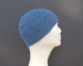 men's hemp kufi, dusty denim crochet cap, extra short beanie, gift for him