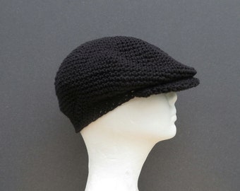 crochet driver's cap, simply black cotton newsboy, made to order