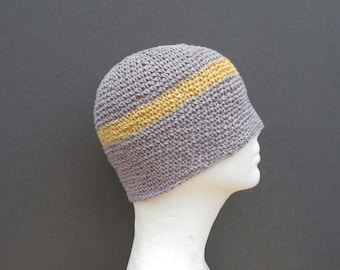 men's hemp beanie, smokey gray yellow stripe hemp hat, crochet beanie, made to order