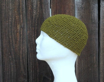 men's hemp kufi, khaki green crochet cap, extra short beanie