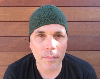 men's summer beanie, forest green cotton linen skull cap, crochet lightweight hat