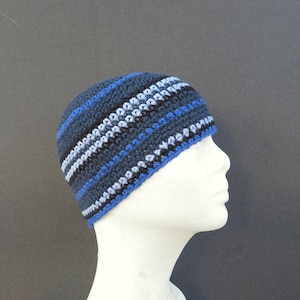 men&#39;s cotton kufi, denim blue stripe crochet skull cap