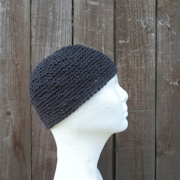men's hemp kufi, charcoal gray crochet hat, extra short hemp cap, made to order