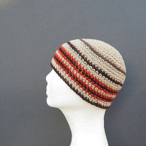 men&#39;s cotton kufi, khaki beige stripe cap, crochet short beanie
