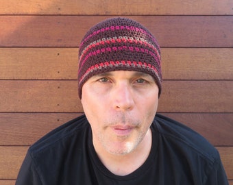 men's cotton beanie, rich coffee brown striped hat, crochet skull cap