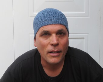 men's hemp kufi, dusty denim blue skull cap, crochet short beanie