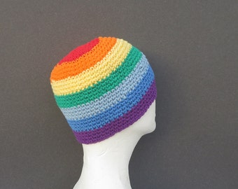 men's cotton beanie, rainbow stripe crochet cap