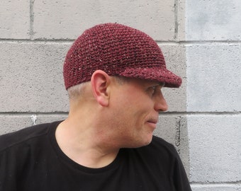 かぎ針編みのウールの野球帽、ガーネットツイードのメンズ冬用帽子