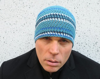 men's summer beanie, ocean blue cotton linen skull cap, crochet beanie