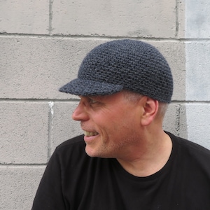 crochet wool baseball cap, charcoal gray men&#39;s winter hat, made to order