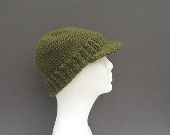 hand crocheted wool jeep cap: olive drab brimmed beanie