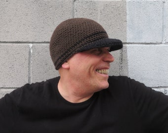 men's visor beanie, dark brown wool cap, crochet winter hat, made to order