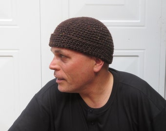 men's docker cap, brown tweed dock beanie, crochet watch hat