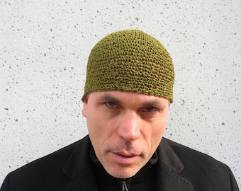men&#39;s hemp kufi, khaki green crochet skull cap, short beanie, made to order