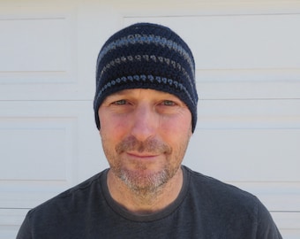 men's wool beanie, navy blue stripe winter hat, crochet skull cap