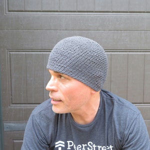 men's summer beanie, slate gray linen cotton hat, crochet lightweight skull cap image 2