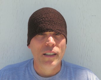 men's summer beanie, linen cotton skull cap, espresso brown crochet hat